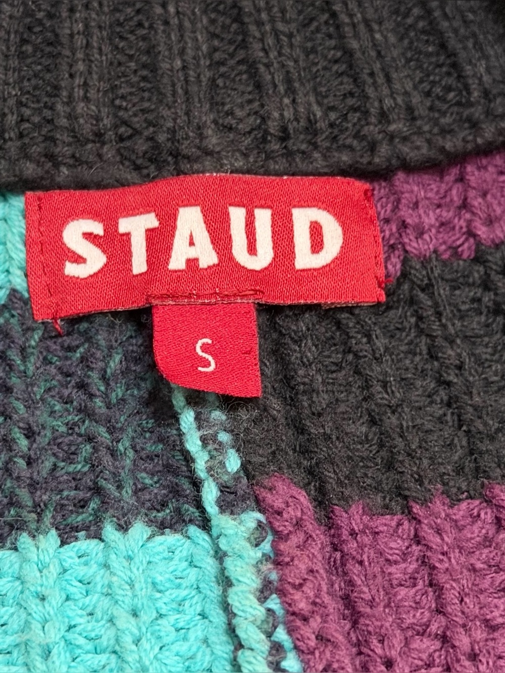 Staud Women’s Multicolored Mosaic Stripe Hampton Chunky Knit Sweater Sz Small - Picture 8 of 10